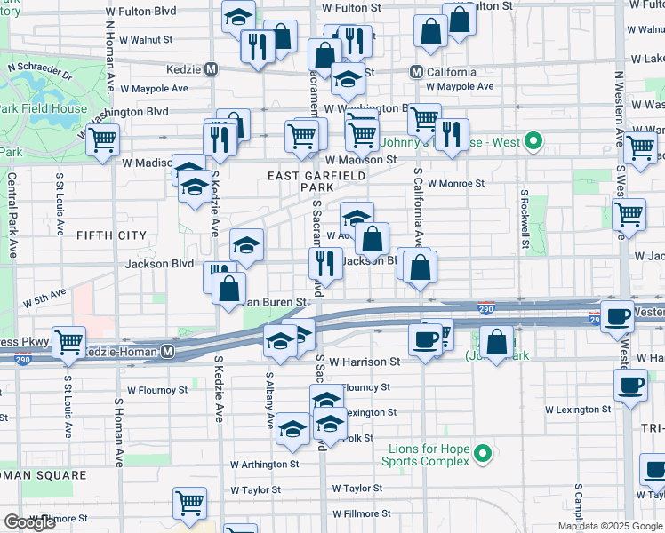 map of restaurants, bars, coffee shops, grocery stores, and more near 2945 West Jackson Boulevard in Chicago