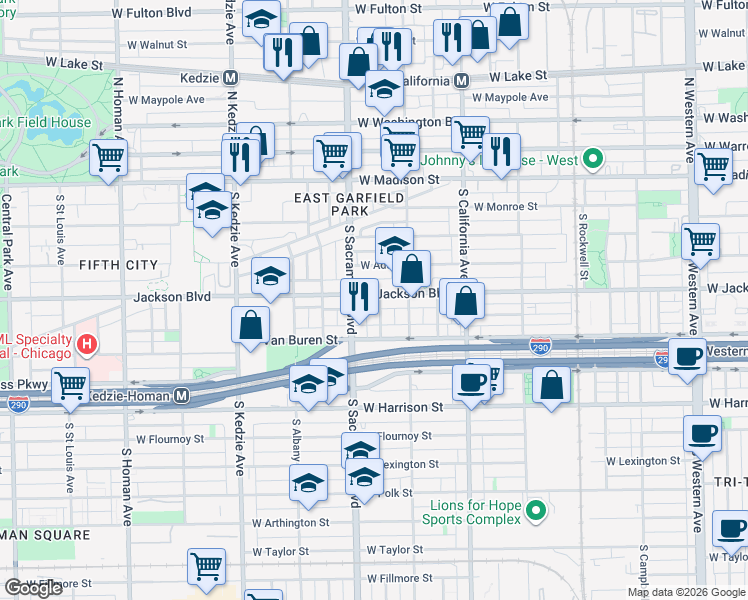 map of restaurants, bars, coffee shops, grocery stores, and more near 2945 West Jackson Boulevard in Chicago