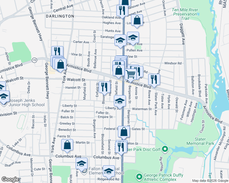 map of restaurants, bars, coffee shops, grocery stores, and more near 166 Littlefield Street in Pawtucket