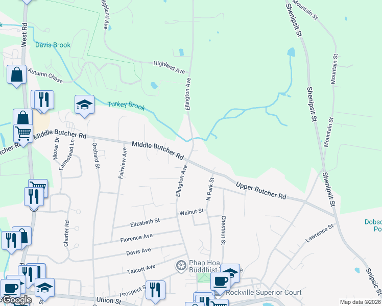 map of restaurants, bars, coffee shops, grocery stores, and more near 70 Ellington Avenue in Ellington