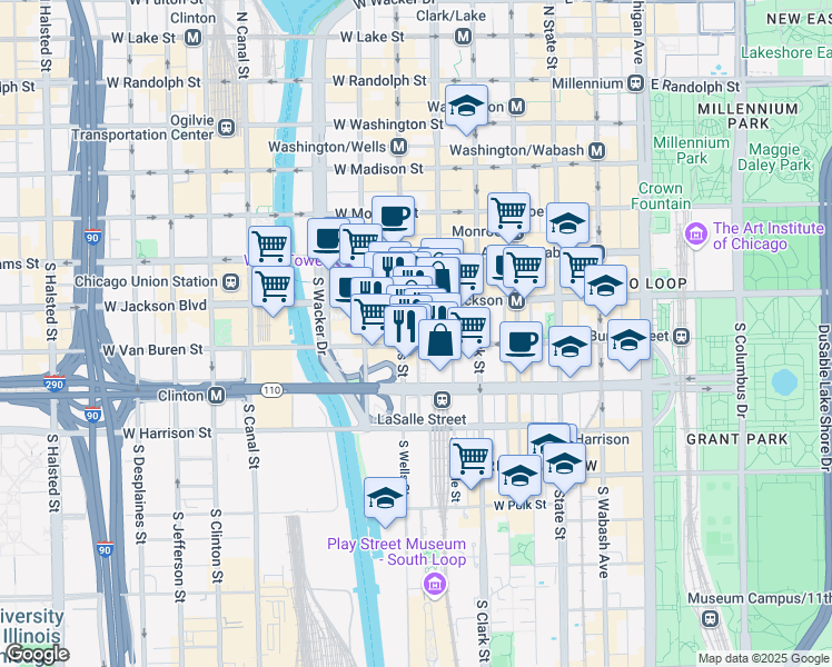 map of restaurants, bars, coffee shops, grocery stores, and more near 166 West Van Buren Street in Chicago