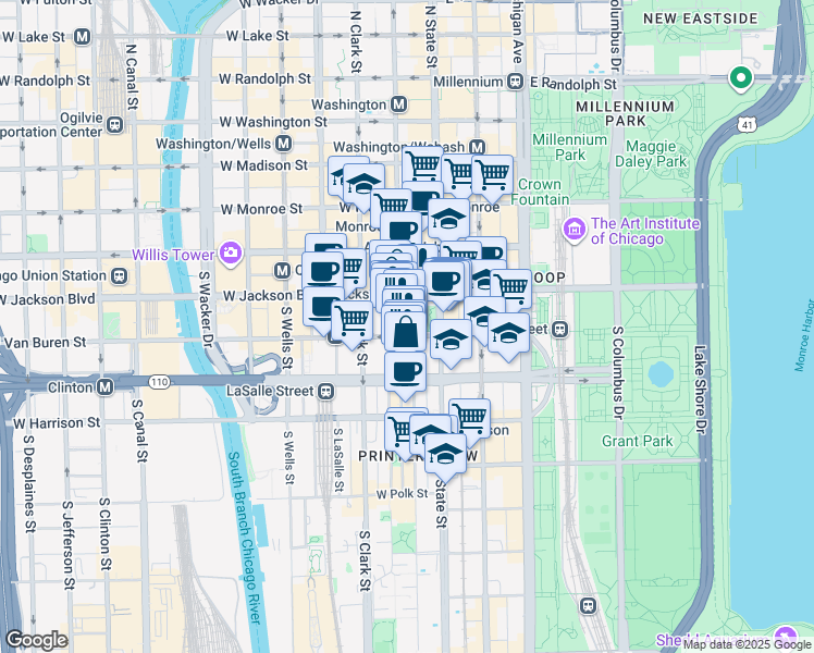 map of restaurants, bars, coffee shops, grocery stores, and more near 22 West Van Buren Street in Chicago