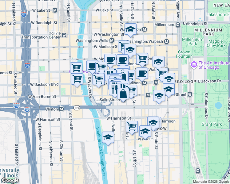map of restaurants, bars, coffee shops, grocery stores, and more near 166 West Van Buren Street in Chicago