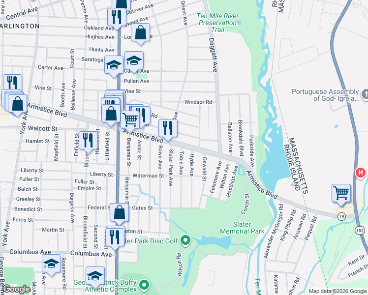 map of restaurants, bars, coffee shops, grocery stores, and more near 17 Tobie Avenue in Pawtucket