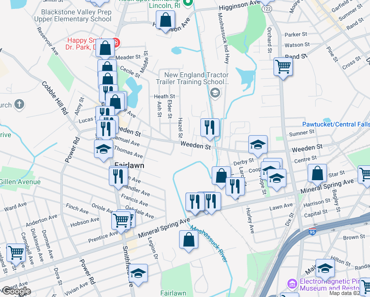 map of restaurants, bars, coffee shops, grocery stores, and more near 594 Weeden Street in Pawtucket