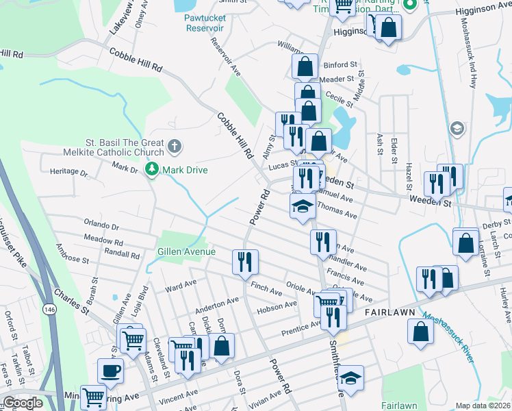 map of restaurants, bars, coffee shops, grocery stores, and more near 543 Power Road in Pawtucket