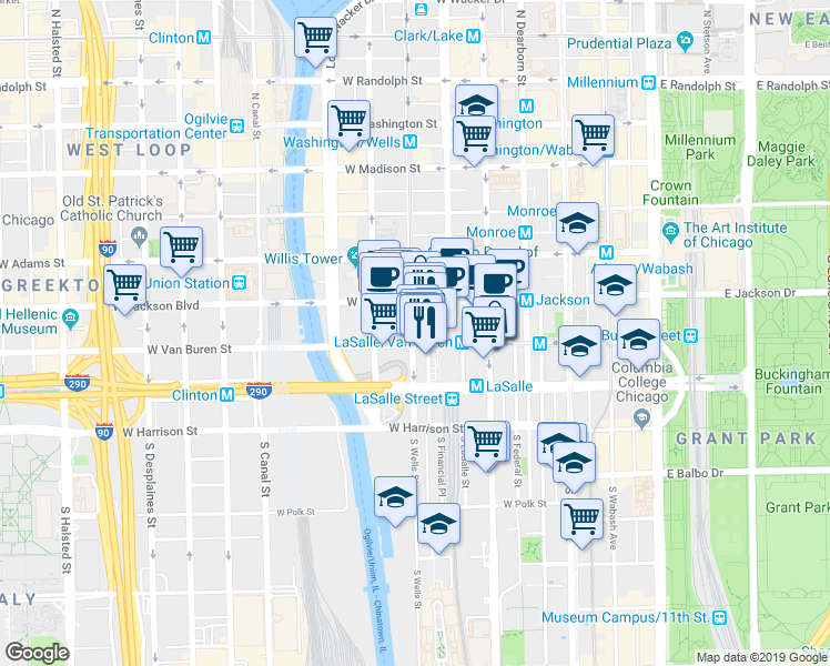 map of restaurants, bars, coffee shops, grocery stores, and more near 166 West Van Buren Street in Chicago