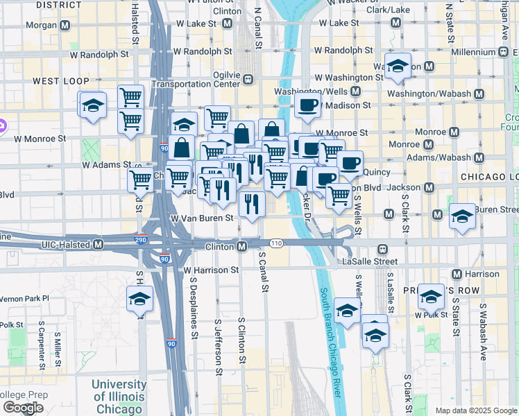 map of restaurants, bars, coffee shops, grocery stores, and more near 320 South Canal Street in Chicago