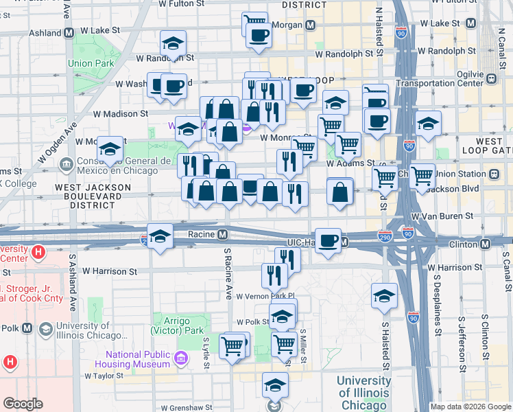 map of restaurants, bars, coffee shops, grocery stores, and more near 1101 West Jackson Boulevard in Chicago