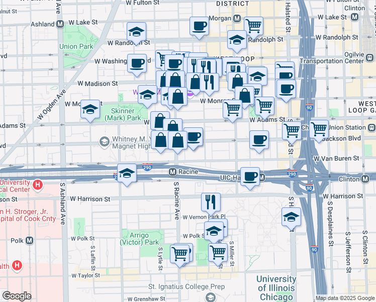 map of restaurants, bars, coffee shops, grocery stores, and more near 1101 West Jackson Boulevard in Chicago
