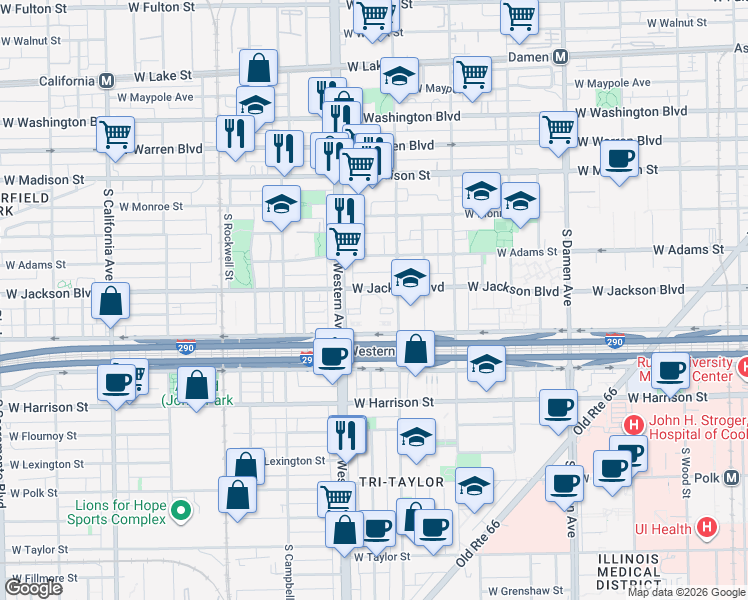 map of restaurants, bars, coffee shops, grocery stores, and more near 2339 West Jackson Boulevard in Chicago