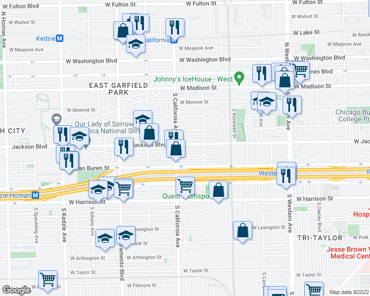 map of restaurants, bars, coffee shops, grocery stores, and more near 2743 West Jackson Boulevard in Chicago