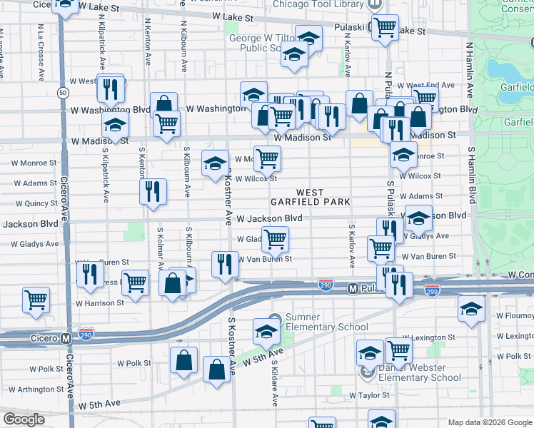 map of restaurants, bars, coffee shops, grocery stores, and more near 4311 West Jackson Boulevard in Chicago