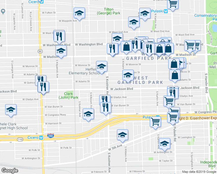 map of restaurants, bars, coffee shops, grocery stores, and more near 4354 Jackson Boulevard in Chicago