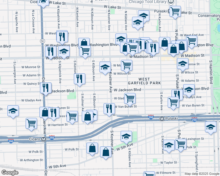 map of restaurants, bars, coffee shops, grocery stores, and more near 4354 Jackson Boulevard in Chicago