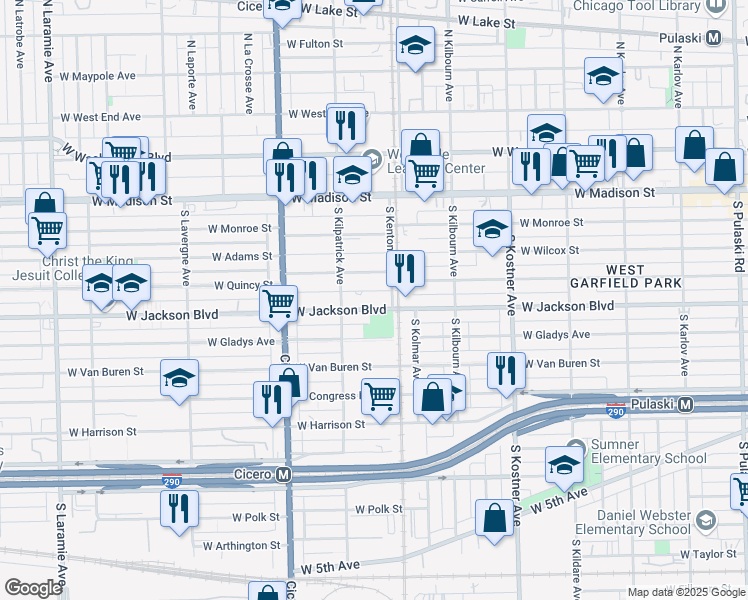 map of restaurants, bars, coffee shops, grocery stores, and more near 4618 West Jackson Boulevard in Chicago