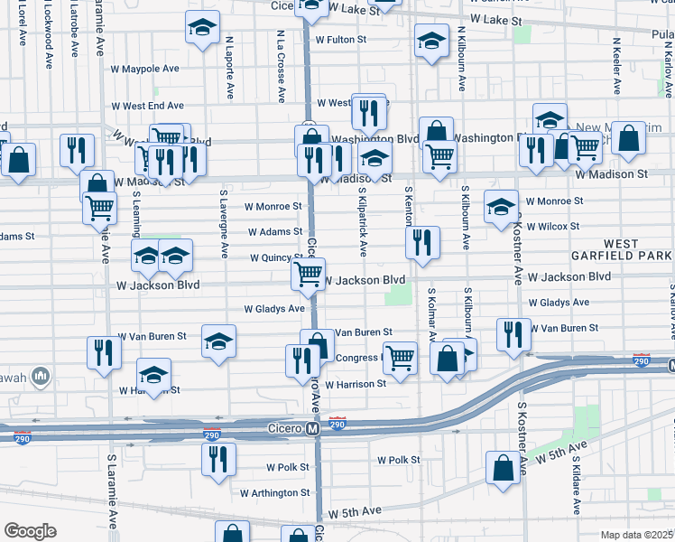 map of restaurants, bars, coffee shops, grocery stores, and more near 4730 West Jackson Boulevard in Chicago