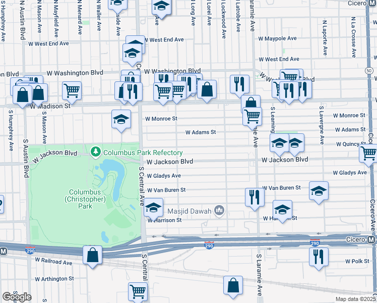 map of restaurants, bars, coffee shops, grocery stores, and more near 5426 West Jackson Boulevard in Chicago