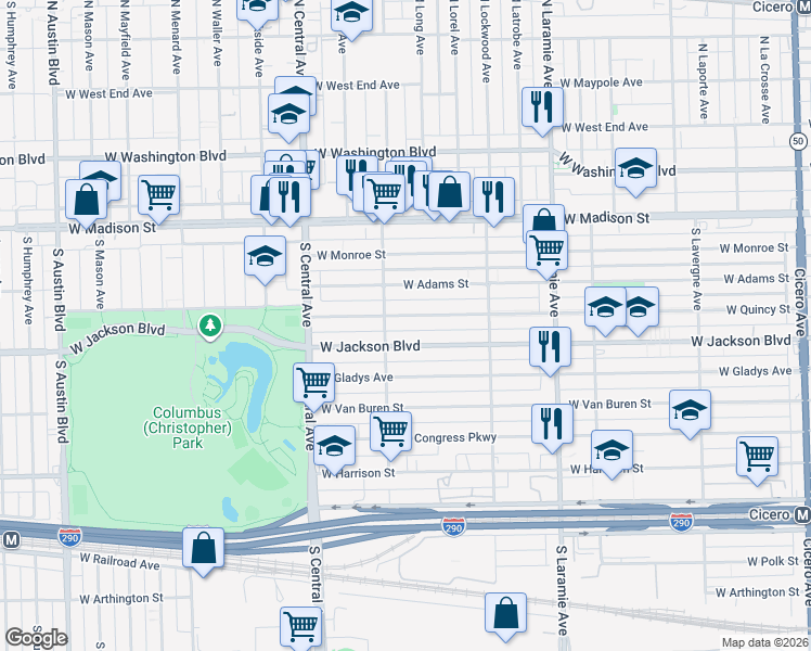 map of restaurants, bars, coffee shops, grocery stores, and more near 5426 West Jackson Boulevard in Chicago