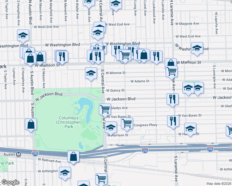 map of restaurants, bars, coffee shops, grocery stores, and more near 5542 West Jackson Boulevard in Chicago