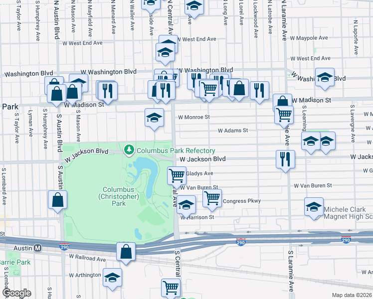 map of restaurants, bars, coffee shops, grocery stores, and more near 5542 West Jackson Boulevard in Chicago