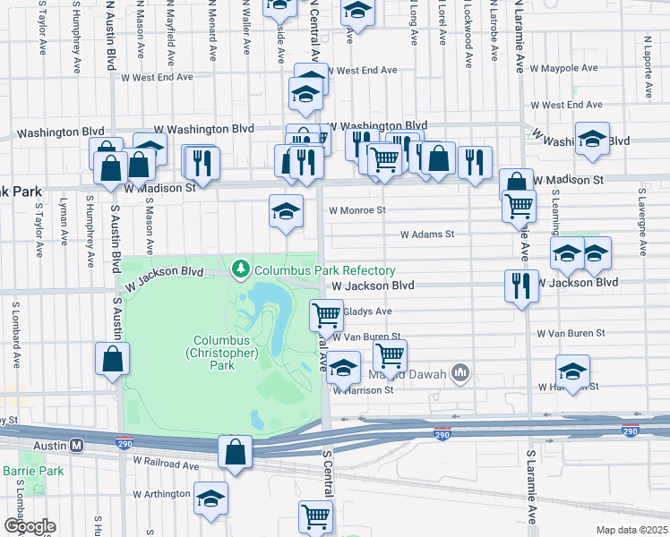 map of restaurants, bars, coffee shops, grocery stores, and more near 5542 West Jackson Boulevard in Chicago