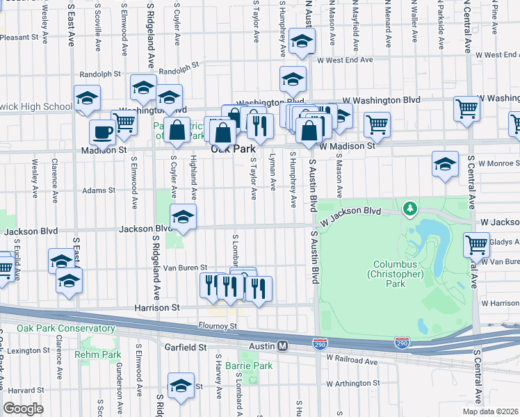map of restaurants, bars, coffee shops, grocery stores, and more near 631 South Taylor Avenue in Oak Park