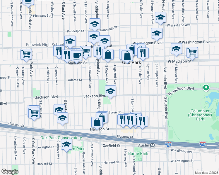 map of restaurants, bars, coffee shops, grocery stores, and more near 711 South Cuyler Avenue in Oak Park