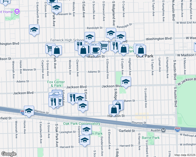 map of restaurants, bars, coffee shops, grocery stores, and more near 628 South Scoville Avenue in Oak Park