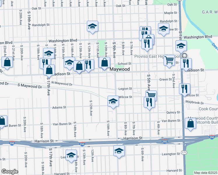 map of restaurants, bars, coffee shops, grocery stores, and more near 912 North Maywood Drive in Maywood