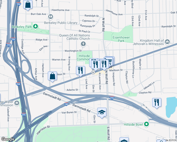 map of restaurants, bars, coffee shops, grocery stores, and more near 4906 Butterfield Road in Hillside