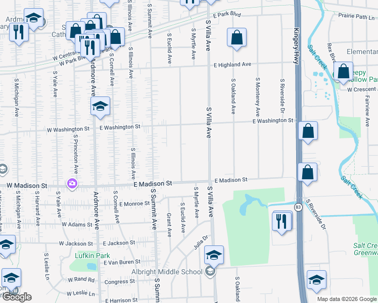 map of restaurants, bars, coffee shops, grocery stores, and more near 705 South Euclid Avenue in Villa Park