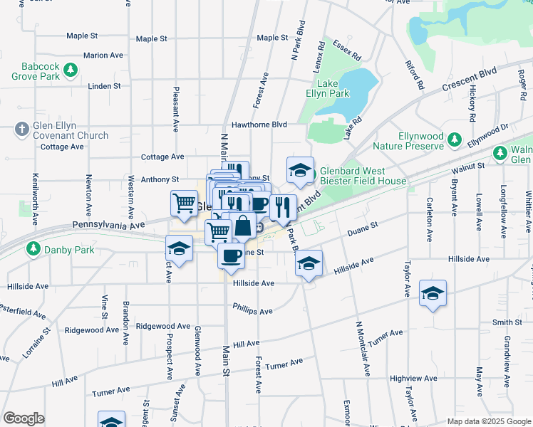 map of restaurants, bars, coffee shops, grocery stores, and more near 582 Crescent Boulevard in Glen Ellyn