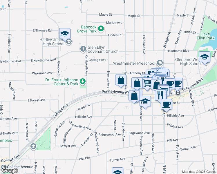 map of restaurants, bars, coffee shops, grocery stores, and more near 340 Pennsylvania Avenue in Glen Ellyn