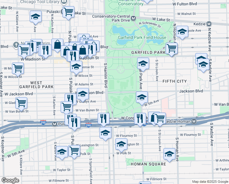 map of restaurants, bars, coffee shops, grocery stores, and more near 3758 West Jackson Boulevard in Chicago