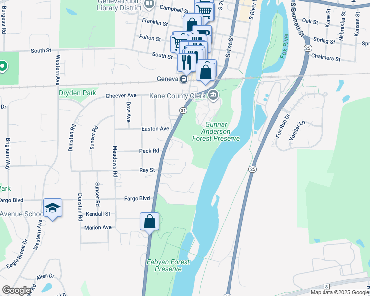 map of restaurants, bars, coffee shops, grocery stores, and more near 921 South Batavia Avenue in Geneva
