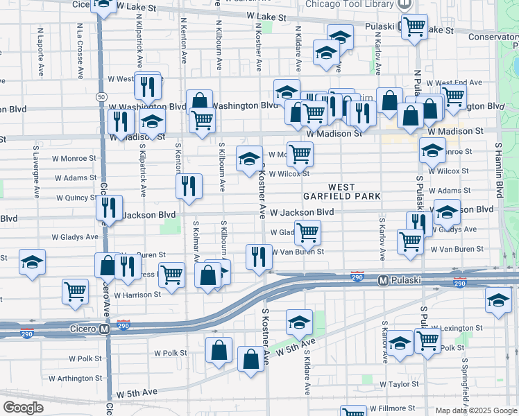 map of restaurants, bars, coffee shops, grocery stores, and more near 4402 West Jackson Boulevard in Chicago
