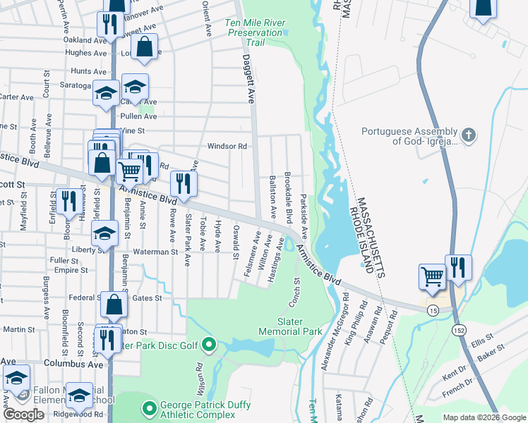map of restaurants, bars, coffee shops, grocery stores, and more near 22 Ballston Avenue in Pawtucket