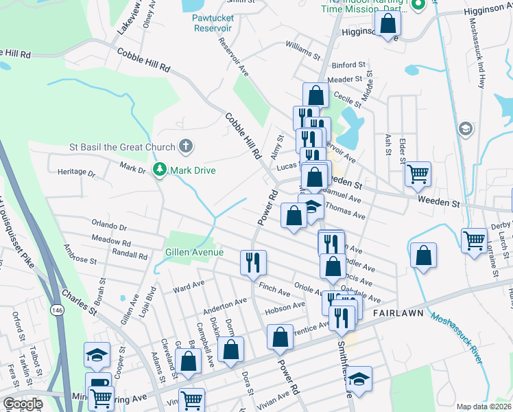 map of restaurants, bars, coffee shops, grocery stores, and more near 309 Owen Avenue in Pawtucket