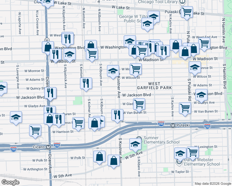 map of restaurants, bars, coffee shops, grocery stores, and more near 4424 Jackson Boulevard in Chicago