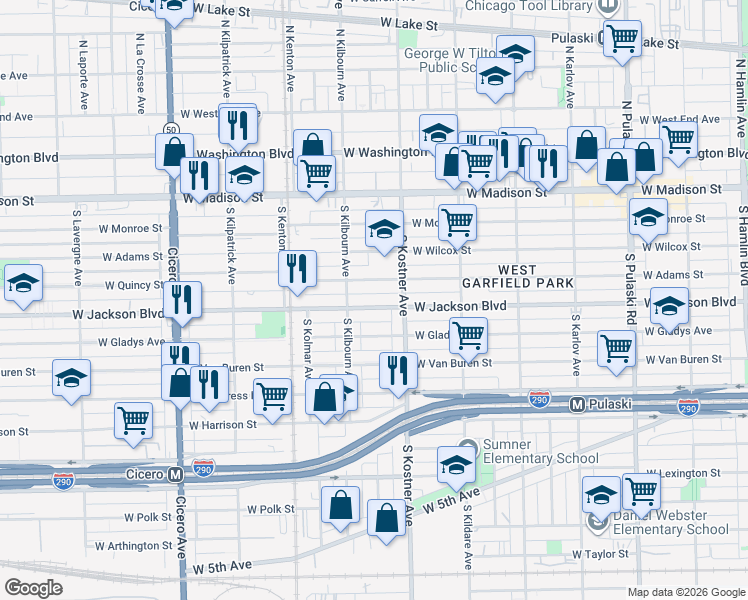 map of restaurants, bars, coffee shops, grocery stores, and more near 4424 Jackson Boulevard in Chicago