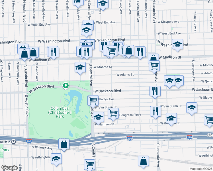 map of restaurants, bars, coffee shops, grocery stores, and more near 5508 West Jackson Boulevard in Chicago
