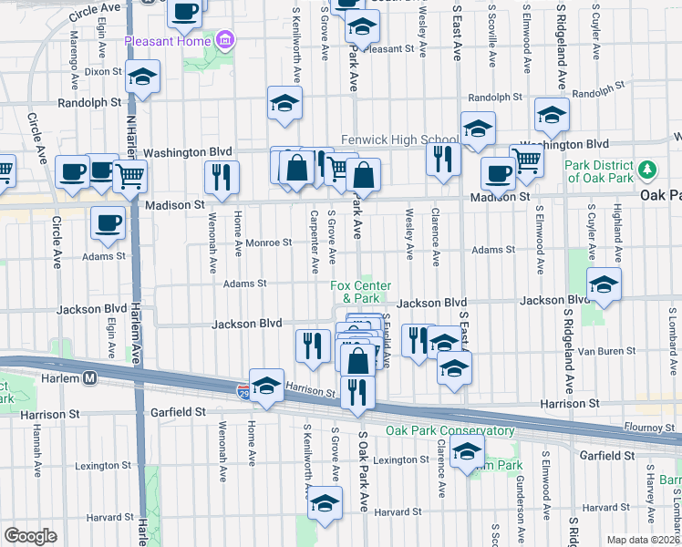 map of restaurants, bars, coffee shops, grocery stores, and more near 624 South Grove Avenue in Oak Park