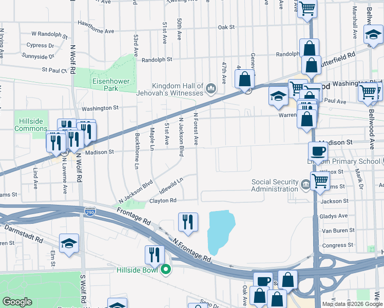 map of restaurants, bars, coffee shops, grocery stores, and more near 337 North Jackson Boulevard in Hillside