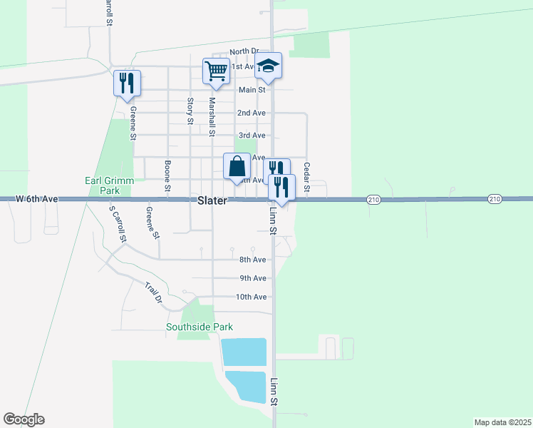 map of restaurants, bars, coffee shops, grocery stores, and more near 200 6th Avenue in Slater