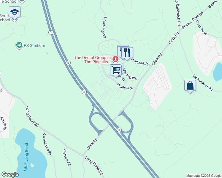 map of restaurants, bars, coffee shops, grocery stores, and more near Peddlers Way in Plymouth