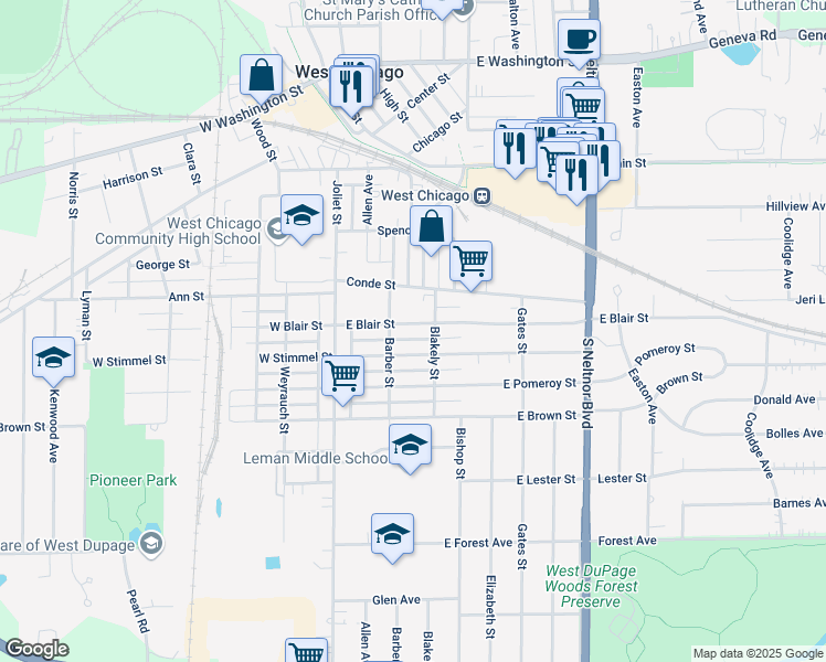 map of restaurants, bars, coffee shops, grocery stores, and more near 218 East Blair Street in West Chicago