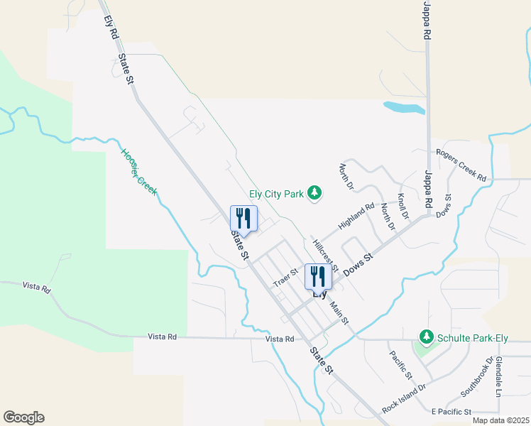 map of restaurants, bars, coffee shops, grocery stores, and more near 1820 Wrigley Street in Ely