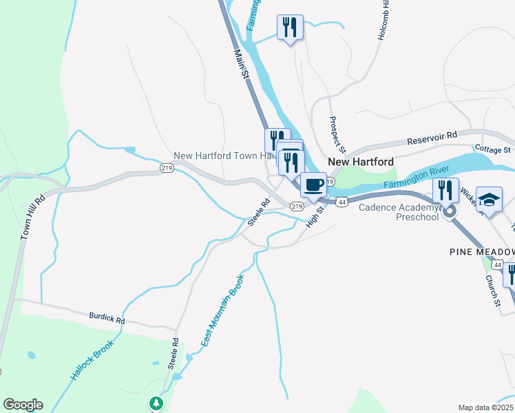 map of restaurants, bars, coffee shops, grocery stores, and more near 11 Brook Street in New Hartford