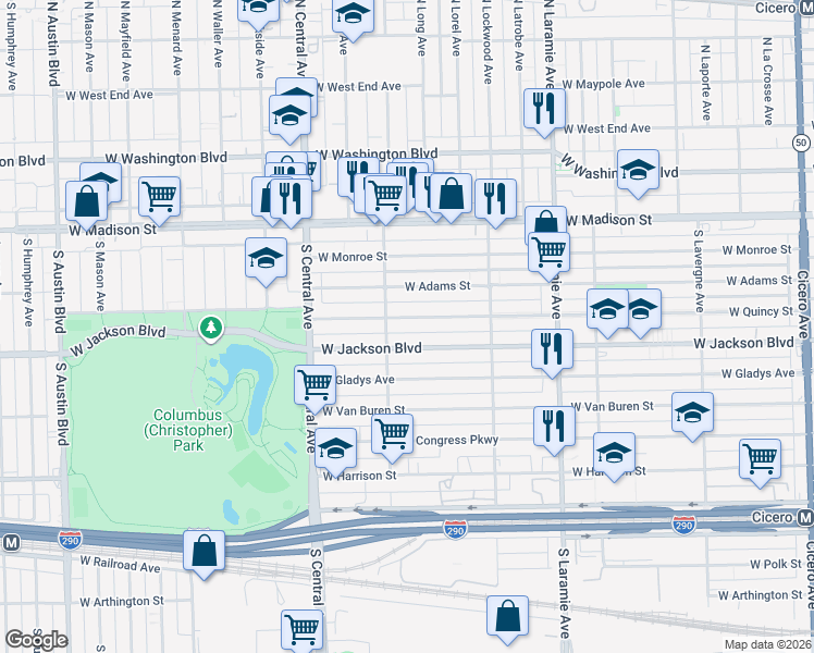 map of restaurants, bars, coffee shops, grocery stores, and more near 5426 West Jackson Boulevard in Chicago
